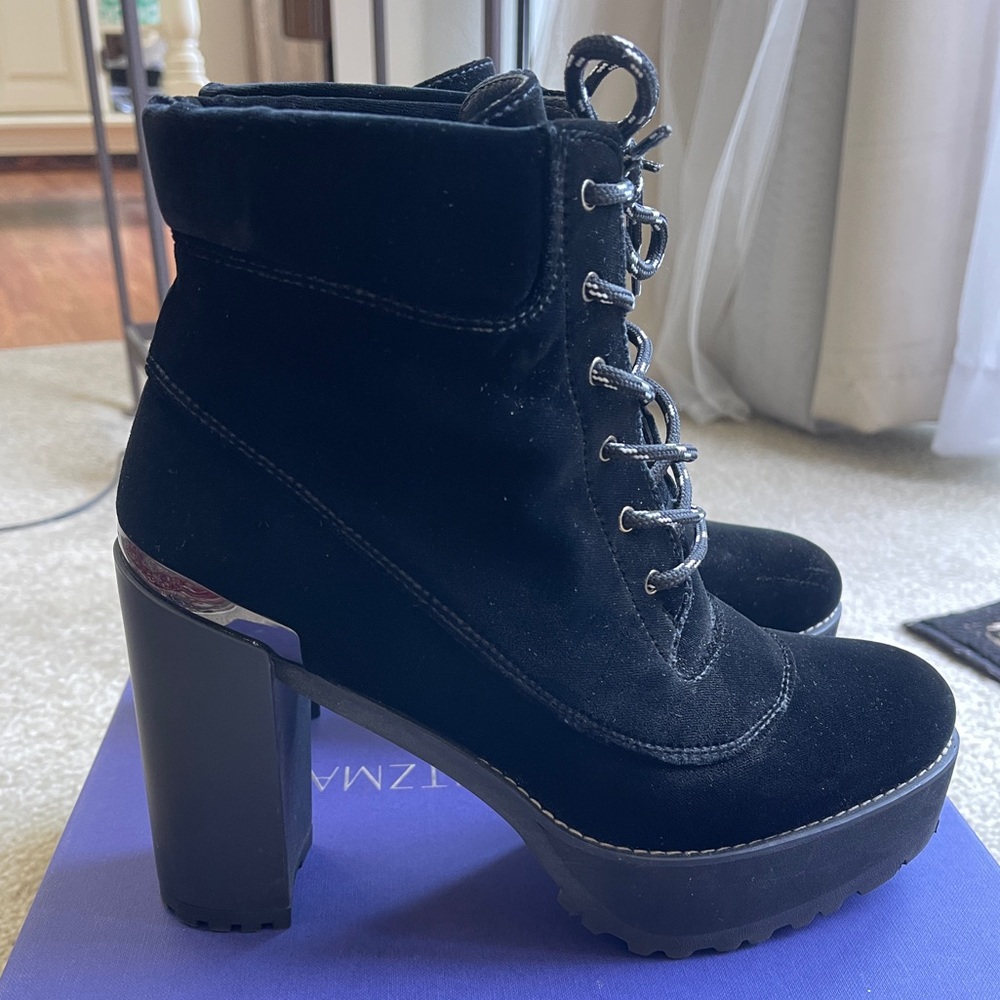 Stuart Weitzman Rugged Black Velvet Lace Up Boots